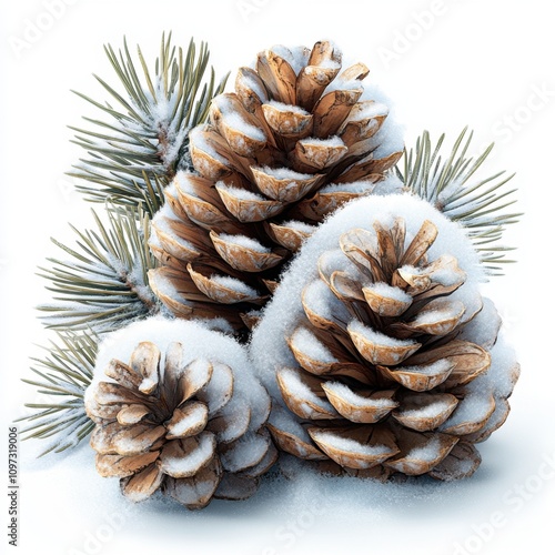 A sticker of a pinecone dusted with snow, isolated on white background 