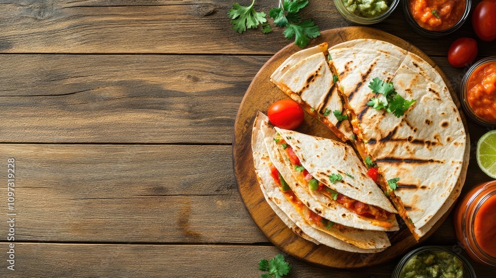 Sliced quesadilla with sides of guacamole, salsa, and tomatoes on wooden table Sliced quesadilla with sides of guacamole, salsa, and tomatoes on wooden table