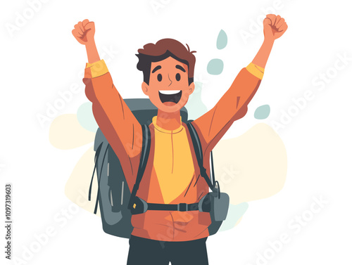 Happy Young Man Celebrating Outdoor Adventure with Backpack
