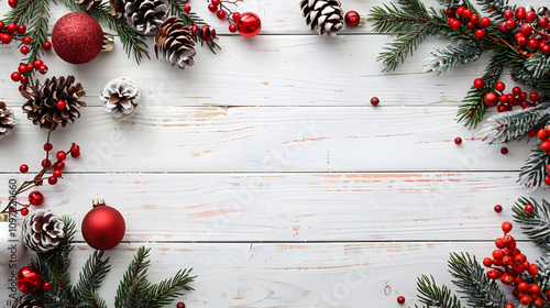 Christmas decorations including pine branches, ornaments, and pine cones on a white wooden background. Festive and holiday concept photo