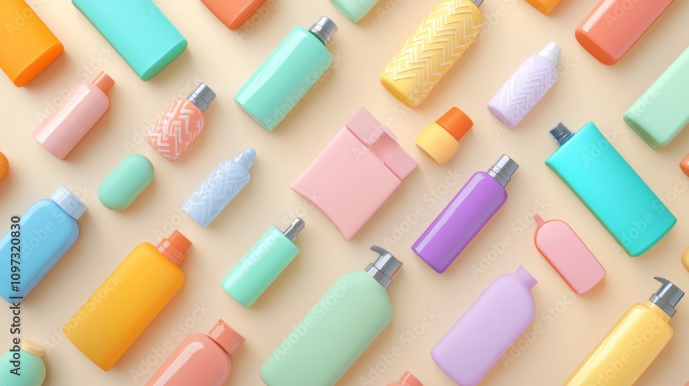 Pastel Colored Bottles Arranged On A Beige Background Pastel Colored Bottles Arranged On A Beige Background