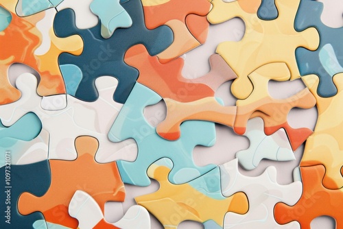 Bright and colorful jigsaw puzzle pieces scattered on a surface, showcasing various shapes and patterns. Fun and creativity concept in a playful setting.