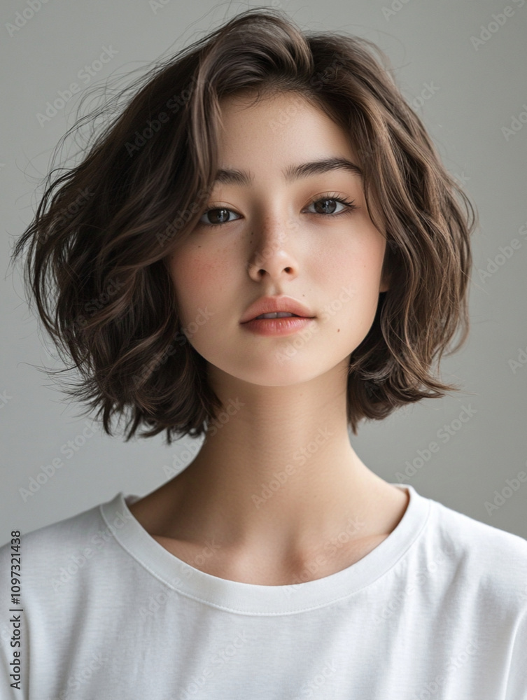 A half-body portrait of a half-Japanese half-American female high-fashion model with brown hair, age 16-20, short wavy hair, black eyes, in white T-shirt, in gray background A half-body portrait of a half-Japanese half-American female high-fashion model with brown hair, age 16-20, short wavy hair, black eyes, in white T-shirt, in gray background