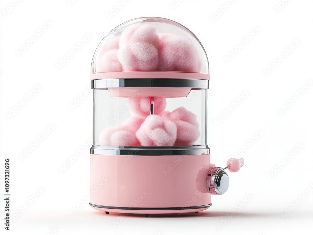 Cotton candy machine with pink design and fluffy candy inside Cotton candy machine with pink design and fluffy candy inside