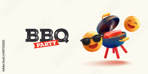Barbecue party. Funny emoji characters, emoticons, grill with meat, 3D. Banner for concepts of grill party, picnic, fun in nature, and holiday. Vector illustration.