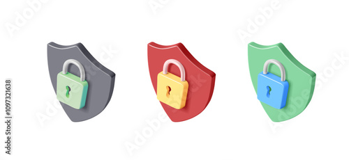 Colored protective shields with a lock, 3D. Symbol of protection, security, and reliability. Realistic icons. Web design. Personal data protection. Vector illustration.