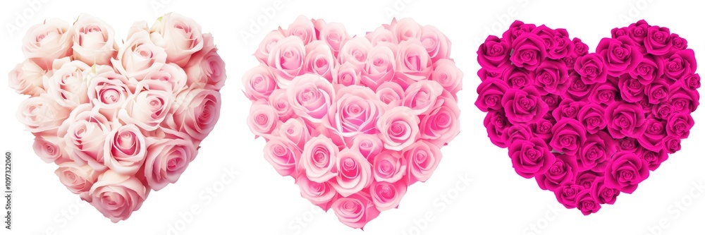 Three heart-shaped arrangements made of pink and white roses, symbolizing love and affection. Three heart-shaped arrangements made of pink and white roses, symbolizing love and affection.
