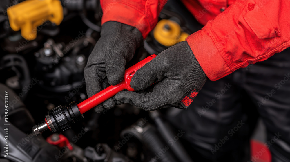 Turbocharger Installation Concept. A mechanic in gloves holds a red tool while working on an engine, showcasing automotive maintenance and repair. Turbocharger Installation Concept. A mechanic in gloves holds a red tool while working on an engine, showcasing automotive maintenance and repair.