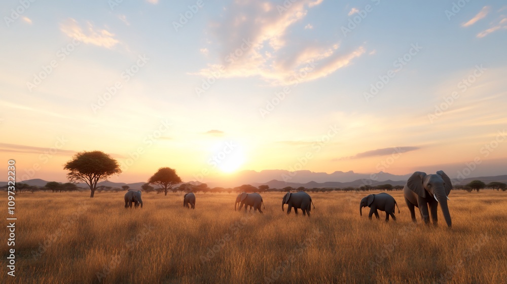 Elephants silhouetted against a vibrant sunset in the African savanna. Elephants silhouetted against a vibrant sunset in the African savanna.