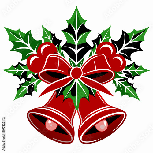 christmas bells with red ribbon and holly