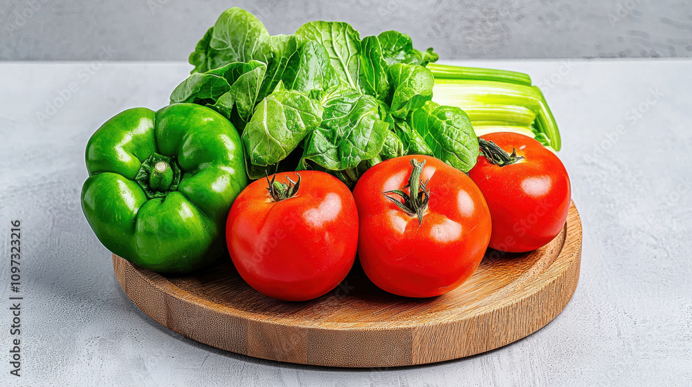 Freshly cut vegetables including green bell pepper, tomatoes, and celery arranged on wooden cutting board, showcasing vibrant colors and freshness Freshly cut vegetables including green bell pepper, tomatoes, and celery arranged on wooden cutting board, showcasing vibrant colors and freshness