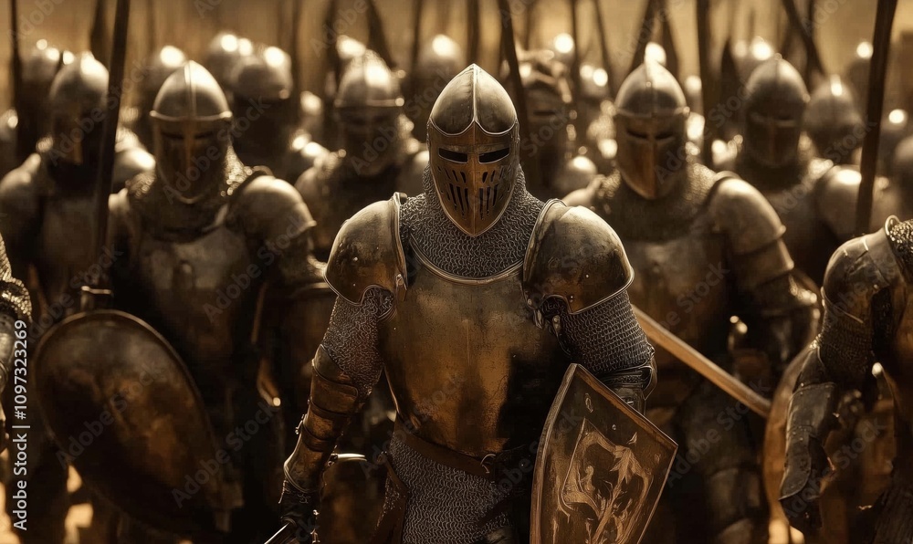 Armored knights in formation, battle-ready, showcasing shining armor and weapons, intense atmosphere, medieval setting Armored knights in formation, battle-ready, showcasing shining armor and weapons, intense atmosphere, medieval setting