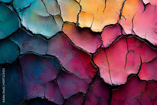 Cracked Abstract Texture with Gradient Shades of Blue, Purple, Red, and Orange, Vibrant Artistic Design