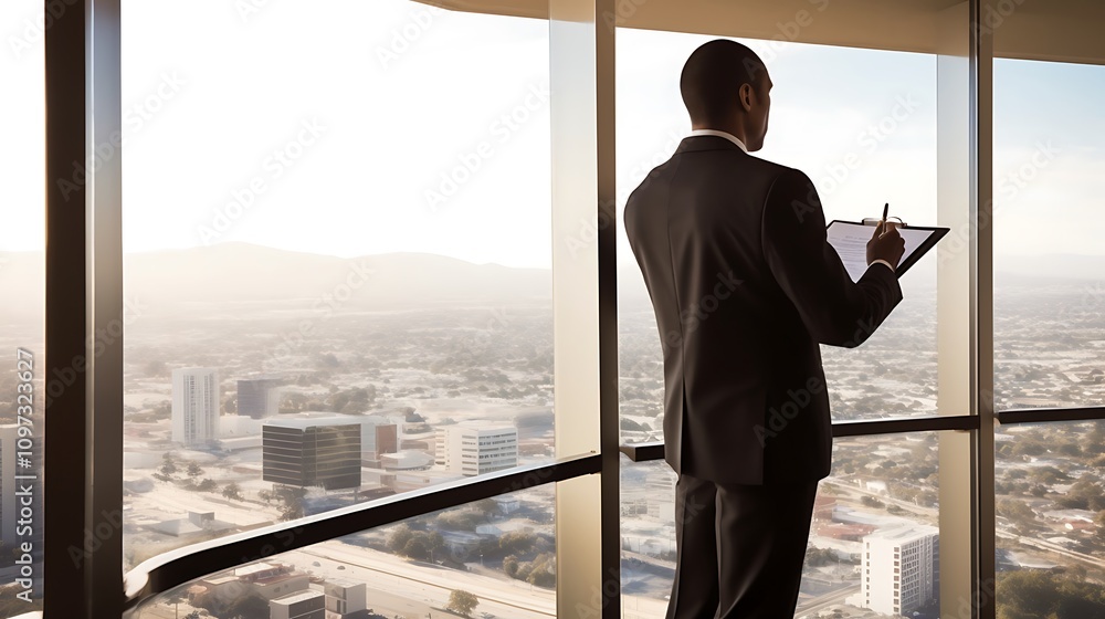 Businessman Reviews Documents Overlooking Cityscape Businessman Reviews Documents Overlooking Cityscape