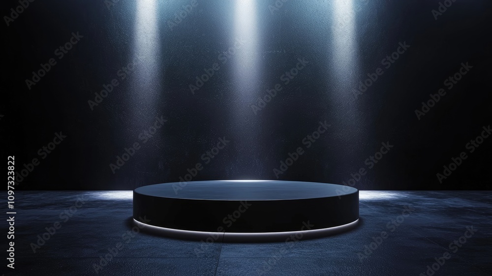 Black Circular Platform with Glowing Edges Illuminated by Three Spotlights Black Circular Platform with Glowing Edges Illuminated by Three Spotlights