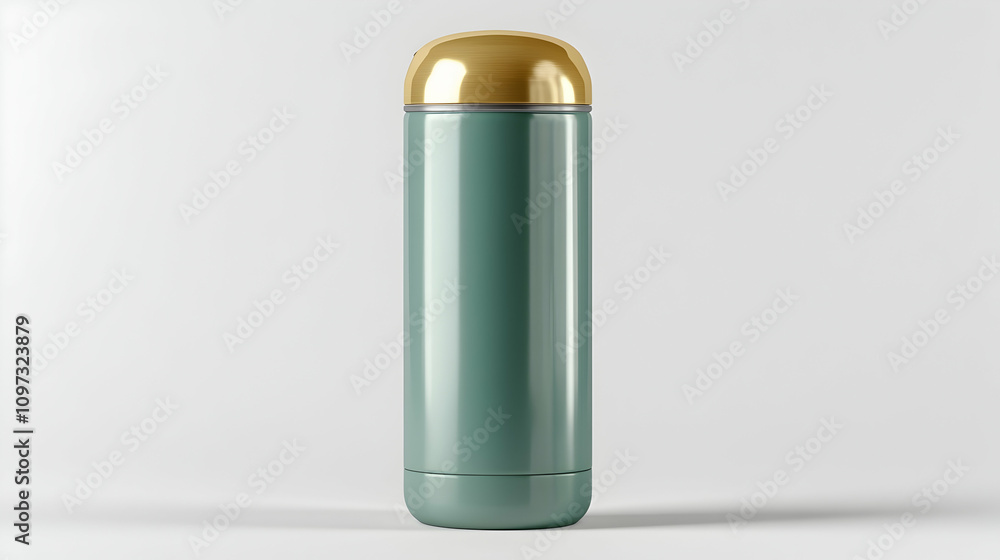 Sleek seafoam green thermos bottle with gold lid, isolated on white background. Sleek seafoam green thermos bottle with gold lid, isolated on white background.