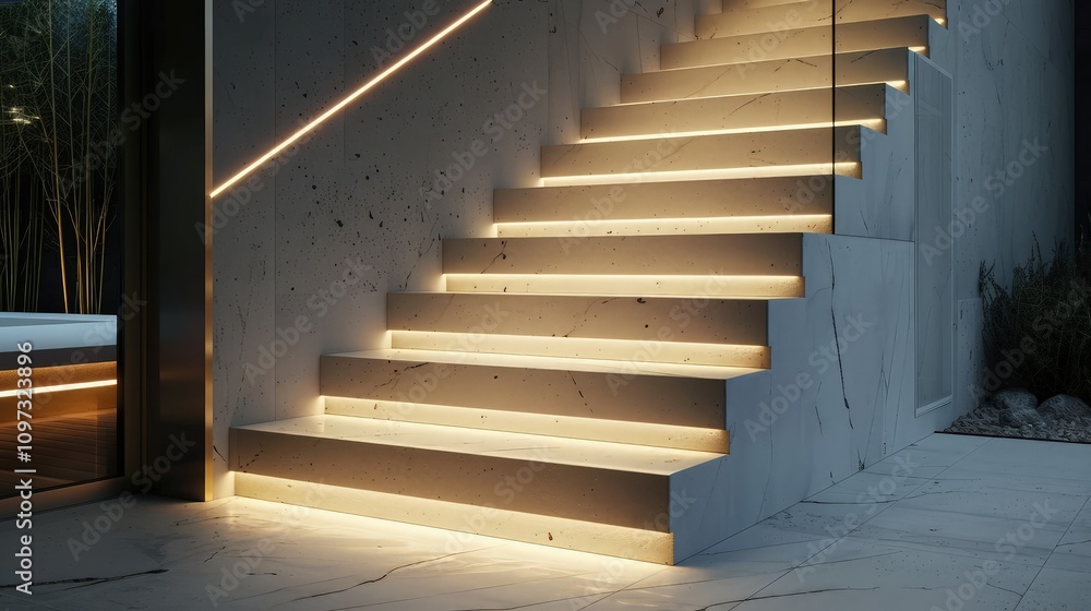 Fototapeta premium The stairway to heaven began as a narrow, winding path of white marble steps, glistening softly in the ethereal glow of a golden light above. 