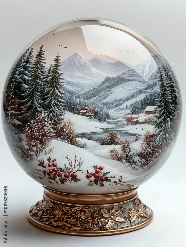 A sticker of a snow globe featuring a winter scene inside, isolated on white background A sticker of a snow globe featuring a winter scene inside, isolated on white background