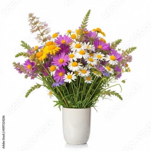 Wallpaper Mural white yellow purple daisy bouquet in white vase isolated on white background Torontodigital.ca