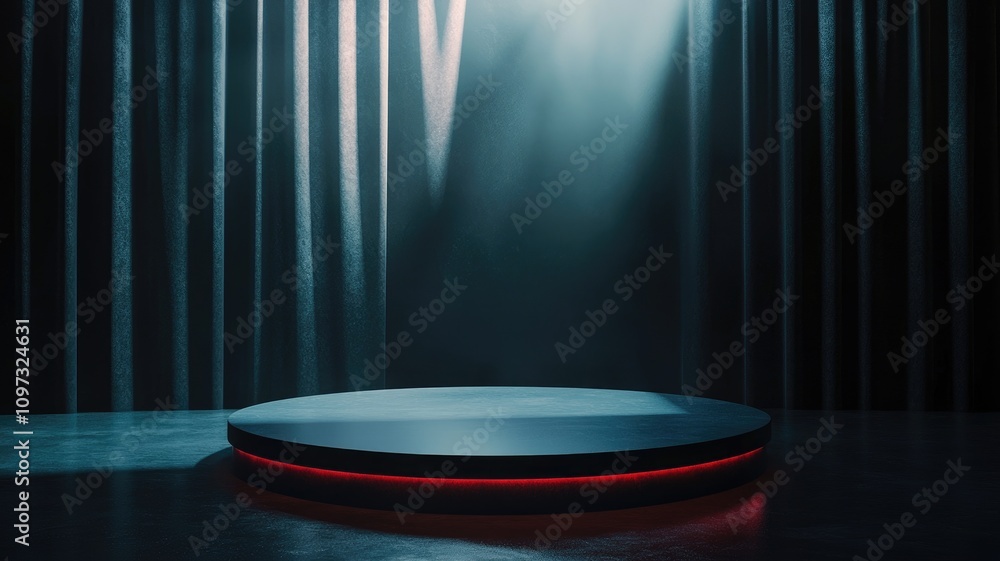Illuminated Circular Platform Against a Dark Curtain Backdrop Illuminated Circular Platform Against a Dark Curtain Backdrop