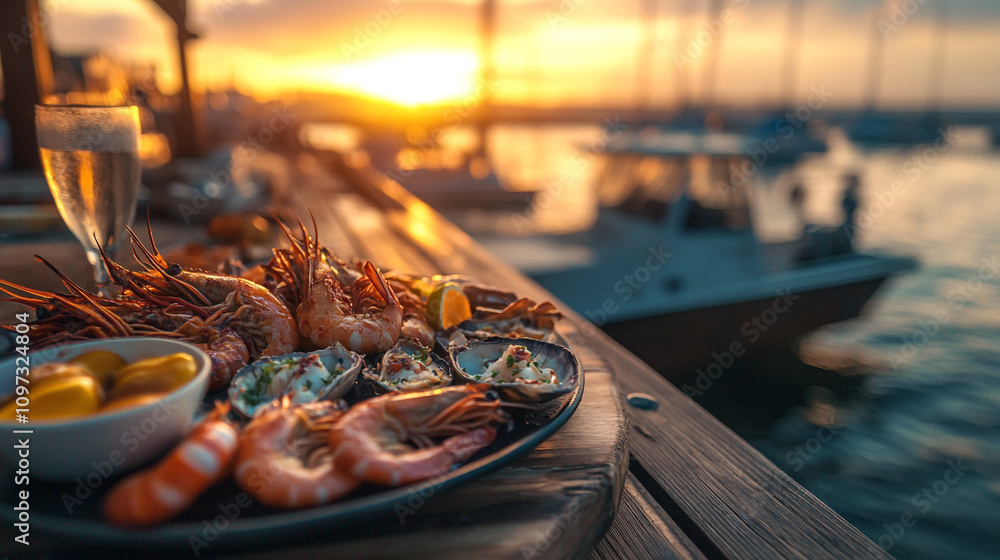 Fresh seafood platter enjoyed during sunset by the marina in a coastal town Fresh seafood platter enjoyed during sunset by the marina in a coastal town