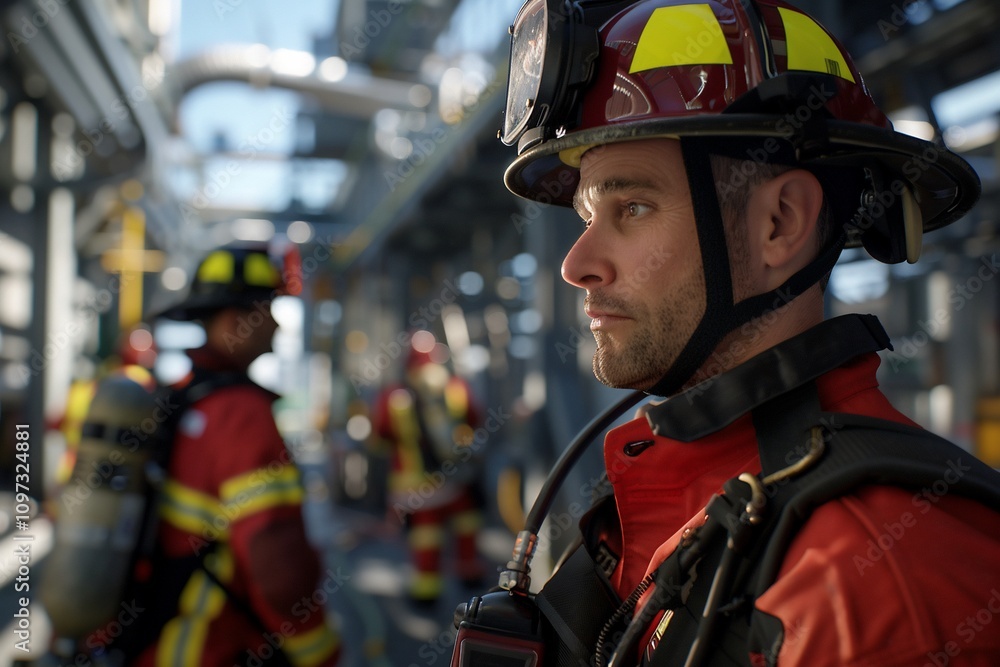 Focused firefighter in helmet and uniform, other firefighters blurred in background at industrial site. Focused firefighter in helmet and uniform, other firefighters blurred in background at industrial site.