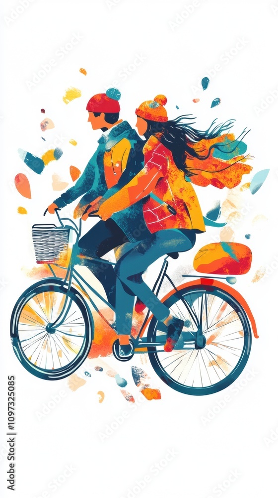 Fototapeta premium Young couple riding bicycle in autumn, enjoying fall foliage
