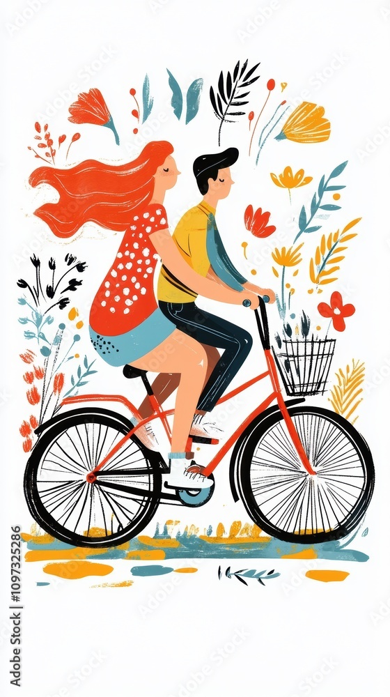 Fototapeta premium Young couple riding bicycle through blooming meadow in springtime