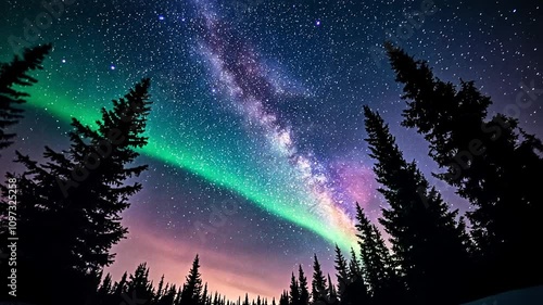 A stunning night sky featuring the Milky Way and auroras above a forest silhouette.