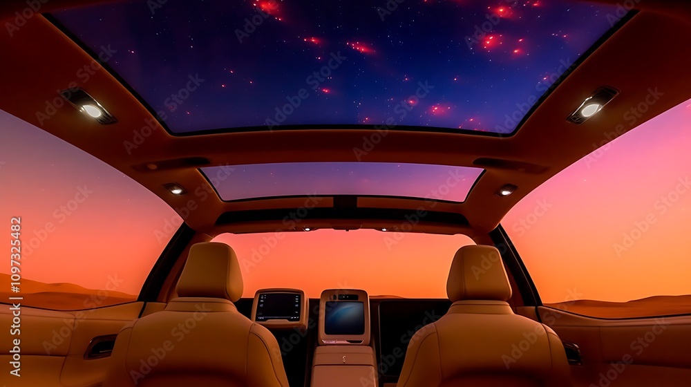 Fototapeta premium Luxury Car Interior Desert Sunset Starry Night View