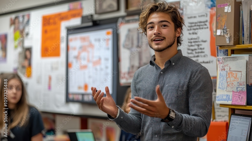 Fototapeta premium Young man presenting in front of a class