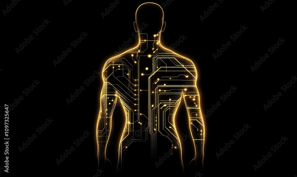 Human silhouette with circuit patterns, glowing lines, digital technology representation, abstract art, futuristic design