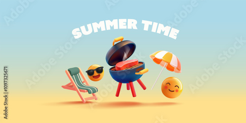 Summer time. Nature vacation. 3D grill, funny emoji characters, sun umbrella, beach chair, steak. Summer party. Cheerful banner. Vector illustration.