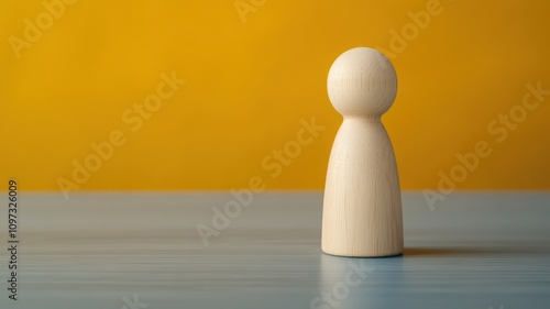 A simple wooden figure stands against a vibrant yellow background, showcasing minimalism and focus on design.