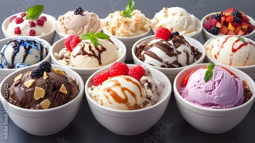 There is a variety of ice cream flavors in the bowls, featuring different ingredients and produce. This dessert is a favorite food item in many cuisines