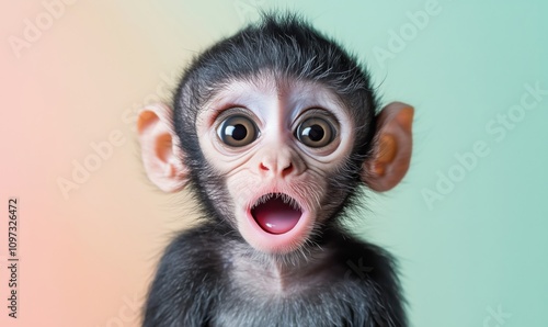 Surprised baby monkey with wide eyes and open mouth, showcasing expressive face, soft fur, and large ears against pastel background photo