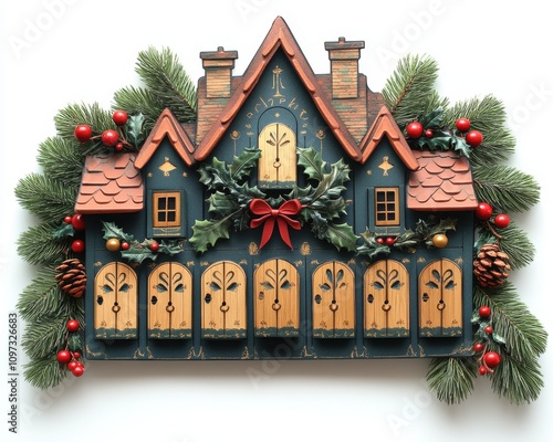 A sticker of a traditional advent calendar with small doors, isolated on white background 