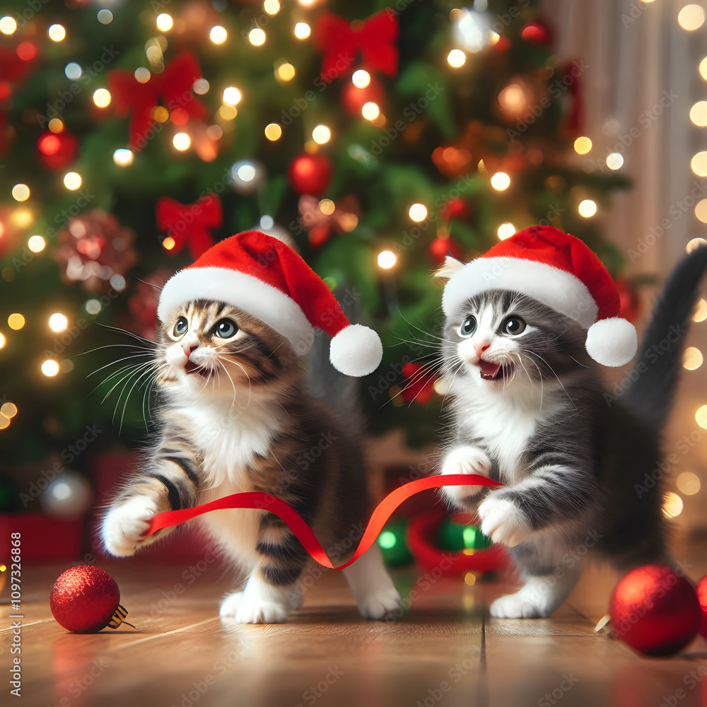 Adorable Kittens Playing with Ribbon under Christmas Tree Adorable Kittens Playing with Ribbon under Christmas Tree