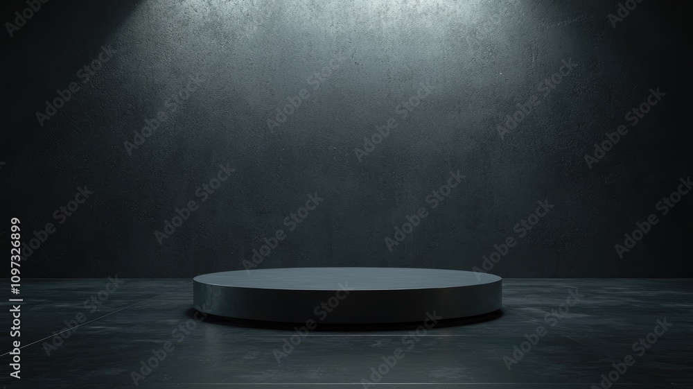 A Single Black Circular Pedestal Against a Dark Backdrop A Single Black Circular Pedestal Against a Dark Backdrop