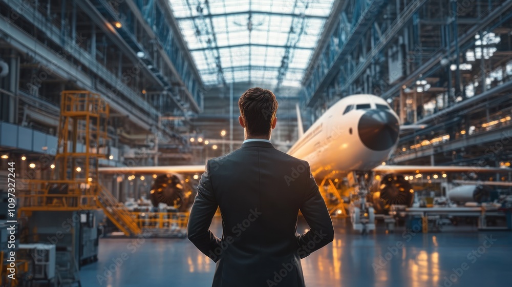 Business deal in an aerospace facility, rockets and advanced engineering equipment in the background Business deal in an aerospace facility, rockets and advanced engineering equipment in the background