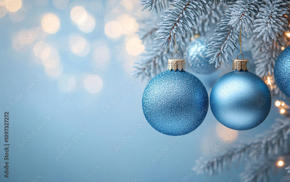 A serene winter scene featuring elegant blue and silver Christmas ornaments on a snowy branch, ideal for holiday cards, festive marketing, or seasonal decor. A serene winter scene featuring elegant blue and silver Christmas ornaments on a snowy branch, ideal for holiday cards, festive marketing, or seasonal decor.