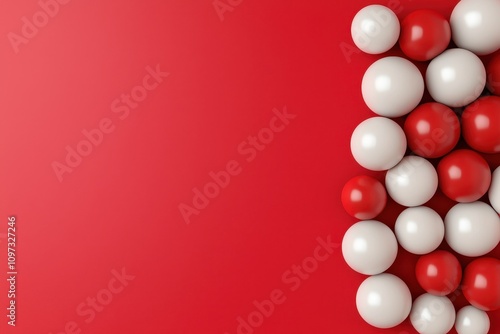 A vibrant arrangement of red and white spheres set against a red background, creating a visually striking and modern design.