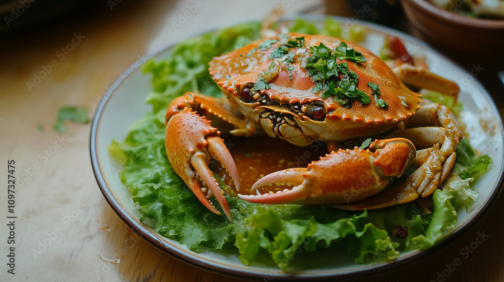 Freshly cooked crab served on a bed of lettuce with herbs Freshly cooked crab served on a bed of lettuce with herbs