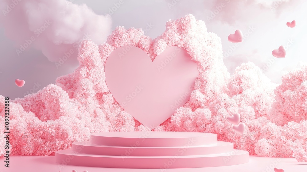 Pink Floral Heart-Shaped Background with Three-Tiered Podium Pink Floral Heart-Shaped Background with Three-Tiered Podium