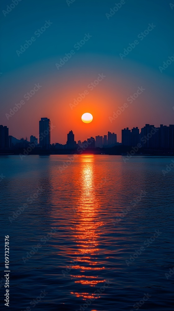 Obraz premium Sunrise over National Day and Mid-Autumn Festival celebration with simplicity, blue sky, and an orange halo for smartphone wallpaper