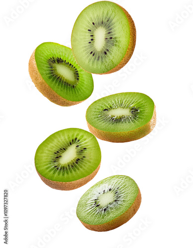 Floated Slices of Kiwi Falling Isolated on Transparency Background PNG