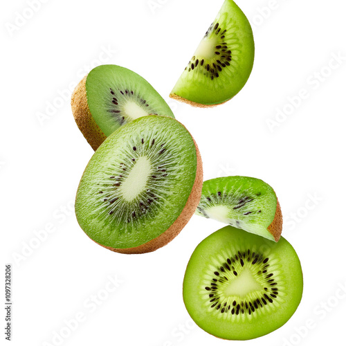 Floated Slices of Kiwi Falling Isolated on Transparency Background PNG