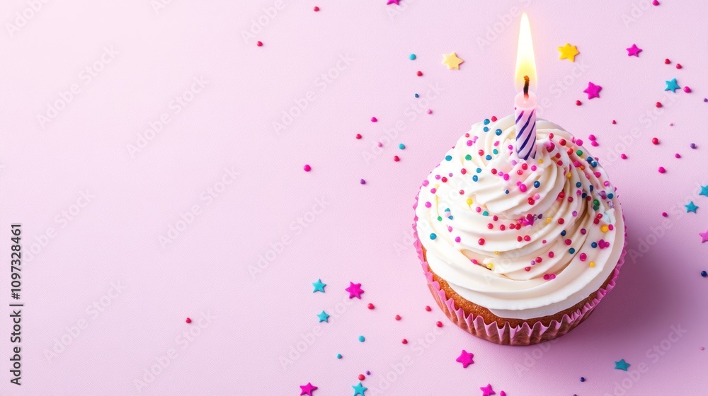 A festive cupcake with frosting, a candle, and colorful sprinkles on a pink background. A festive cupcake with frosting, a candle, and colorful sprinkles on a pink background.