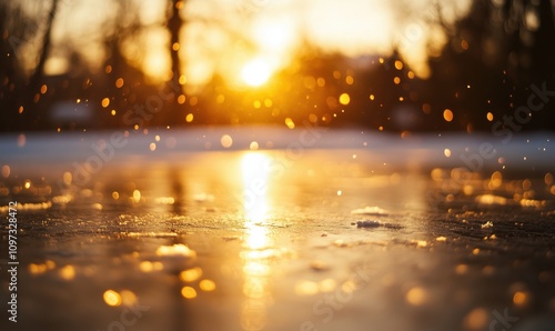 Golden sunset reflection on ice surface, sparkling bokeh effect, warm light, winter scene, tranquil atmosphere