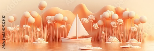 A serene landscape featuring a boat among stylized trees and water lilies in soft tones.